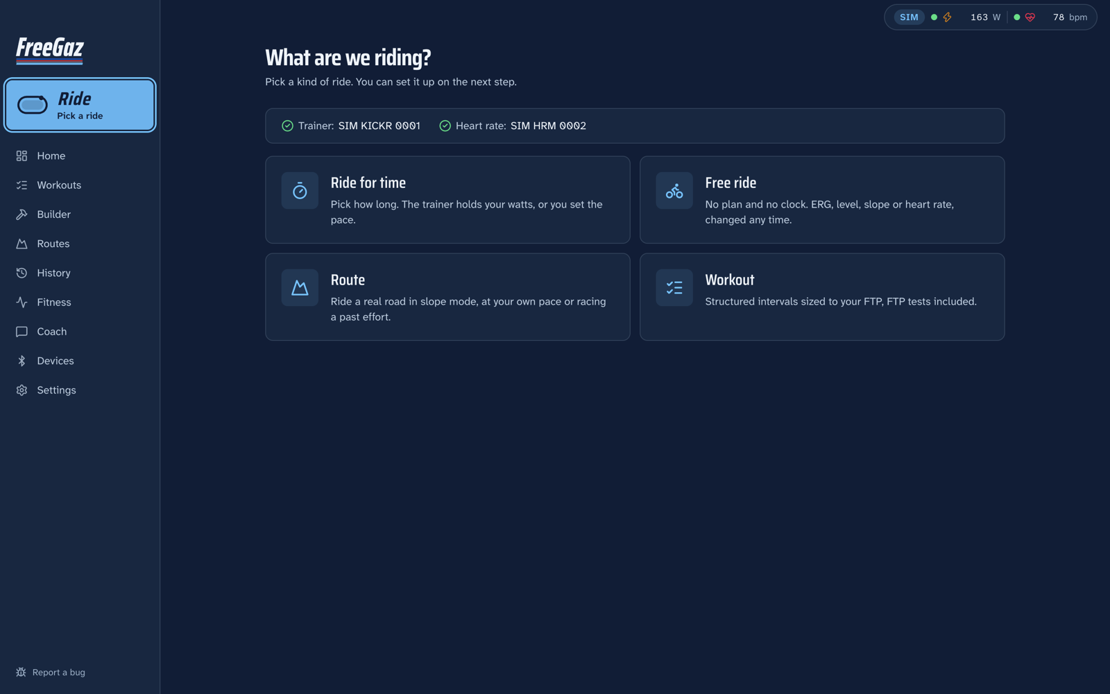 The Ride picker: ride for time, free ride, route or workout, with the trainer and heart-rate status on top