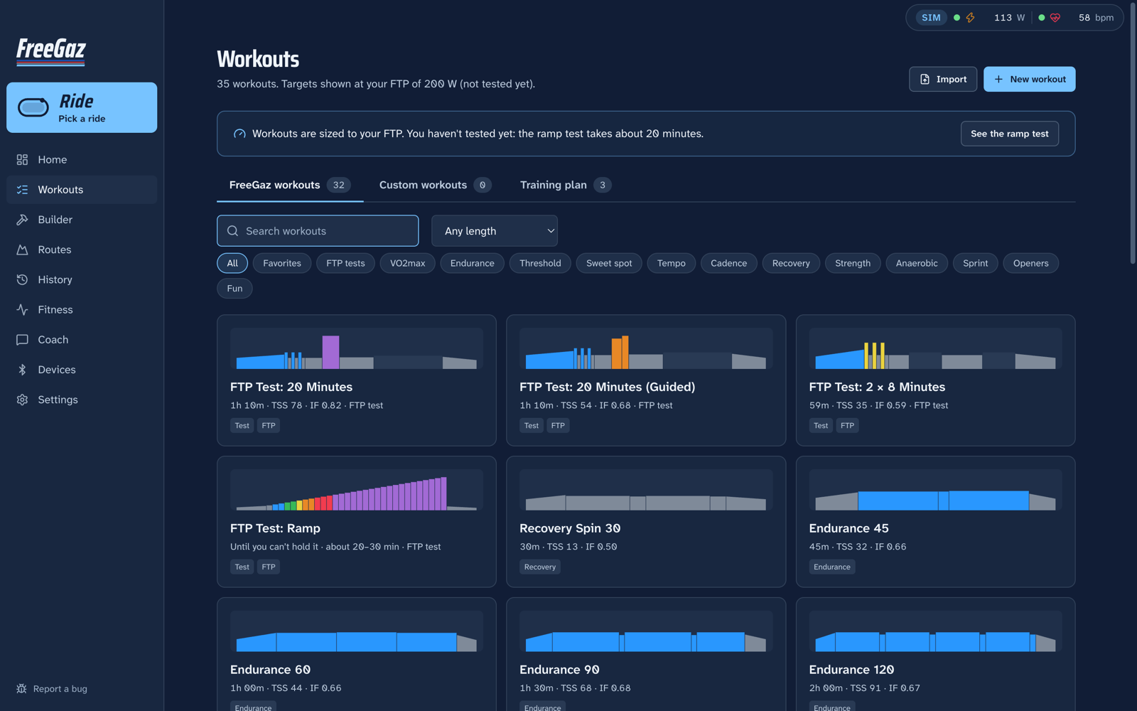 The Workouts page: every workout drawn as its power profile, with Custom workouts and Training plan tabs